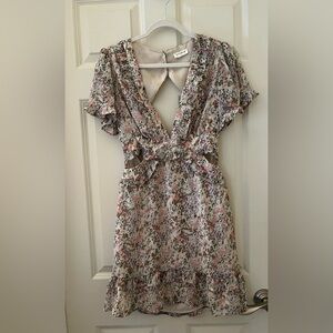 Storia Floral Open Back Ruffle Mini Dress Cream, Pink, Green M Party Wedding